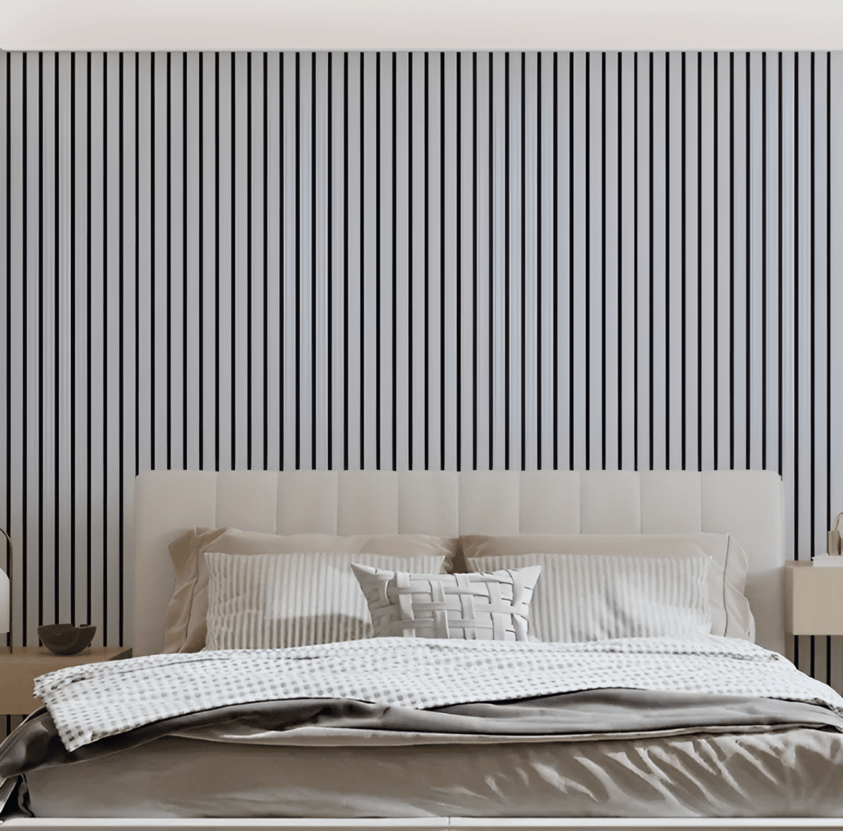 White vertical wood slat peel-and-stick wall panel with raised 3D grooves