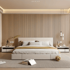 Light brown peel-and-stick wood slat wall panel, vertical 3D grooves for accent wall