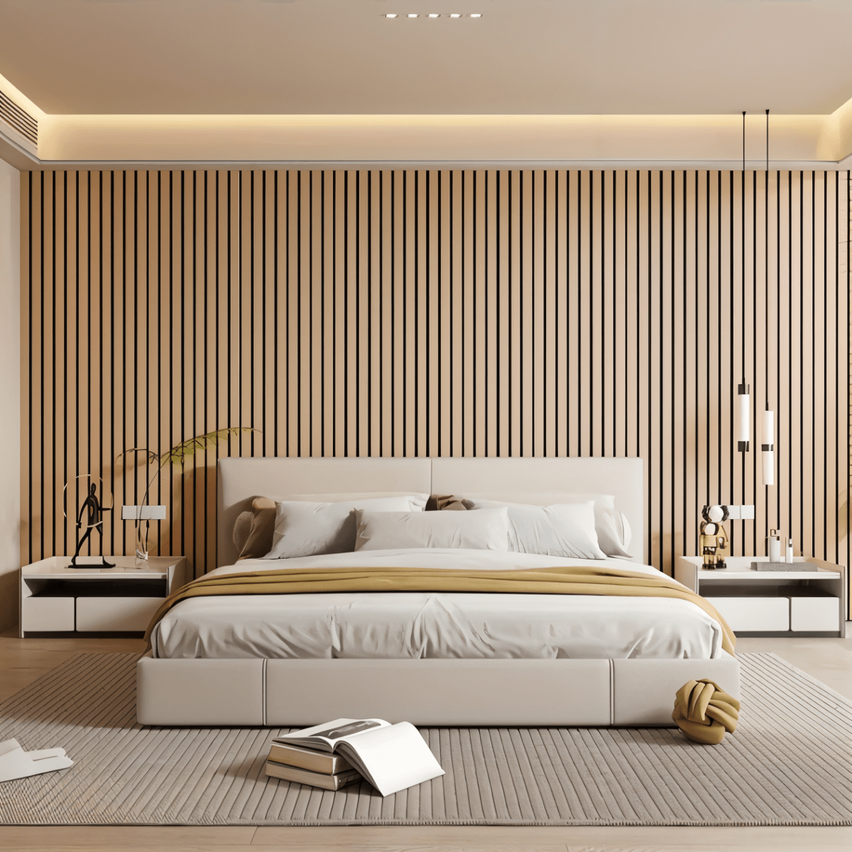 Light brown peel-and-stick wood slat wall panel, vertical 3D grooves for accent wall
