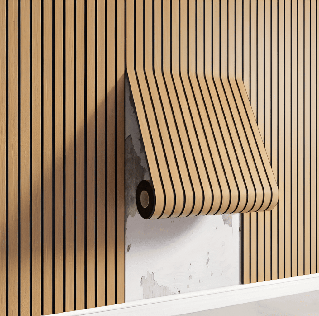 Self-Adhesive 3D Wall Panel Roll in Wood Slat Look, PVC, 40x300 cm (15.7 × 118.1 in) for Living Room and Bedroom