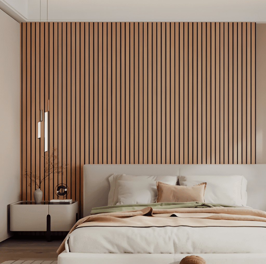 Light brown vertical wood slat wall panel, peel-and-stick 3D groove design