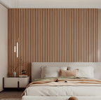 Light brown vertical wood slat wall panel, peel-and-stick 3D groove design
