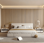 Light brown vertical wood slat wall panel, peel-and-stick 3D texture striping