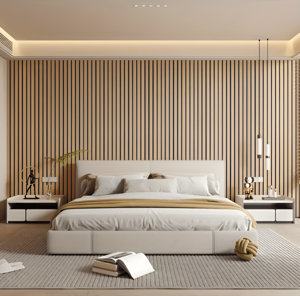 Light brown vertical wood slat wall panel, peel-and-stick 3D texture striping