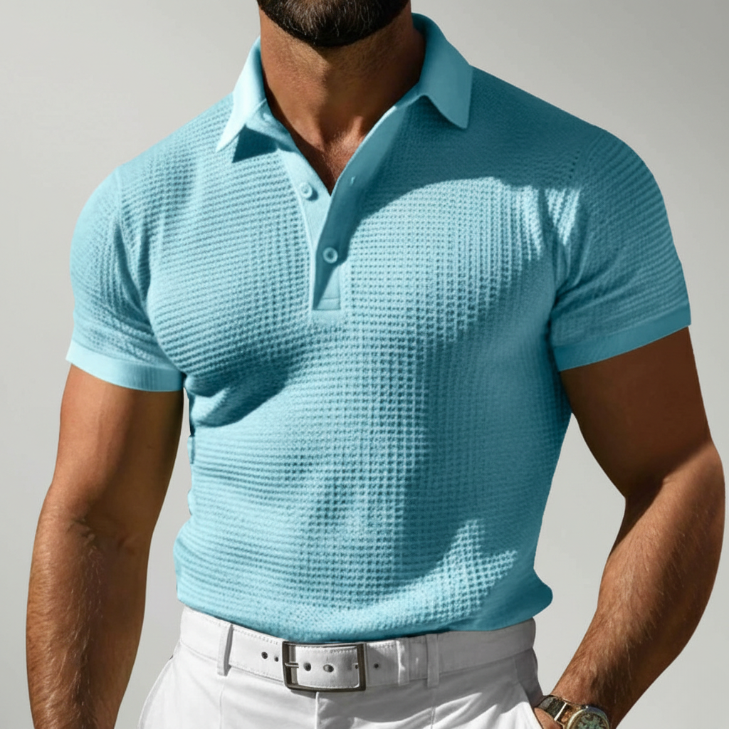 Casaro | Knit Polo Shirt for Men - Waffle Textured Three Button Cotton Regular Summer Fit-Polo Shirt-Light Blue-S-Camoufit