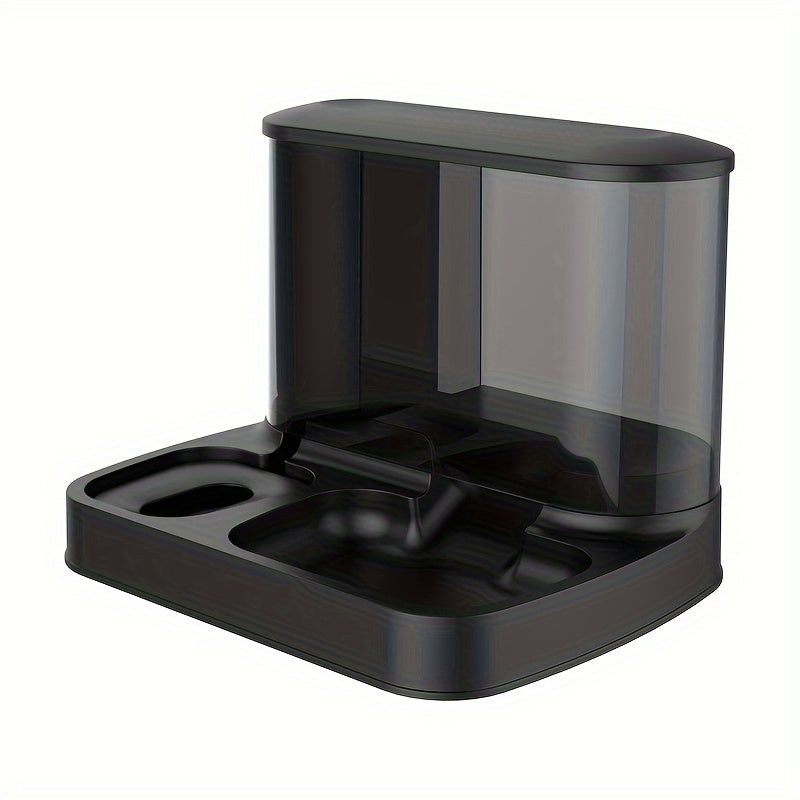 2-in-1 pet feeder and water dispenser, glossy black design with transparent reservoir.