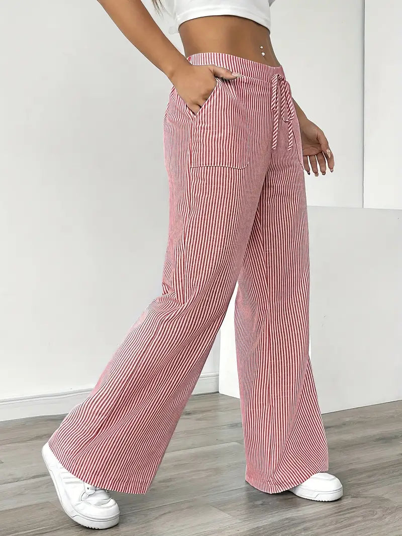 Isola | Wide Leg Trousers for Women - Striped Flared Drawstring Boho Beach Summer Fit-Women's Pants-Yellow-S-Camoufit