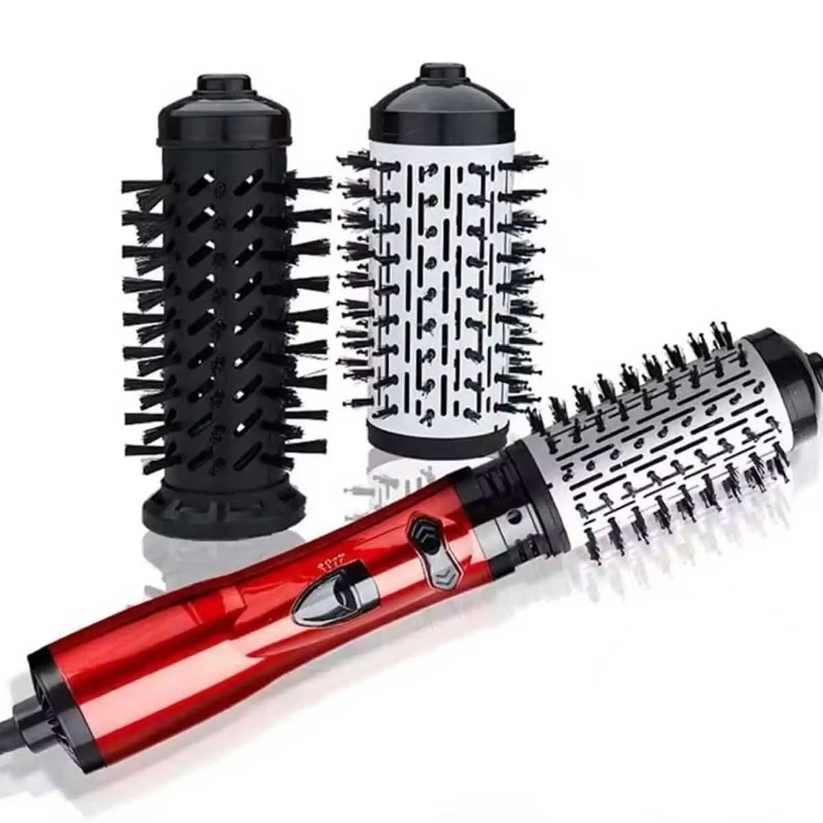 3-in-1 hot air hair brush dryer kit with red handle and three brush barrel attachments