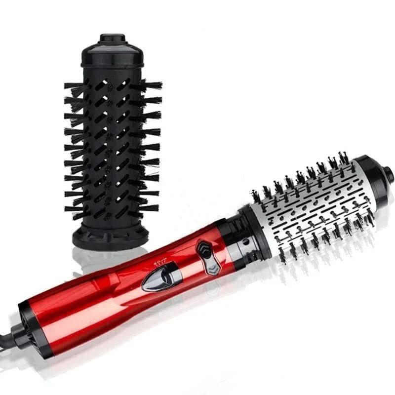 3-in-1 hot air hair brush dryer with red body and two different brush head styles