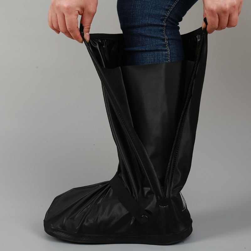 Black reusable shoe covers with side elastic and foldable oversole