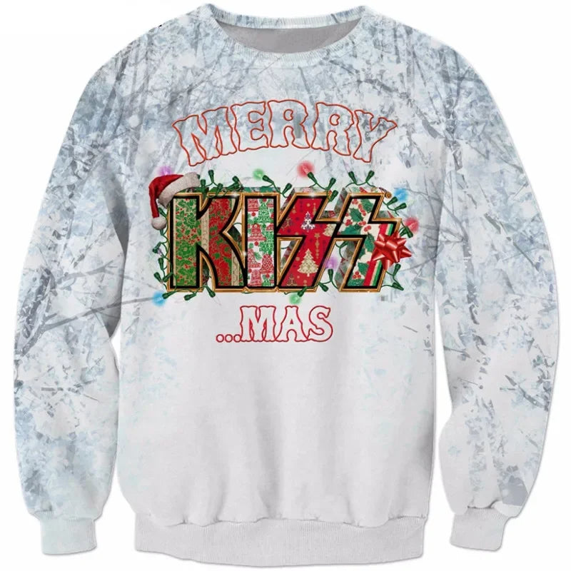 Merry Killmas sweatshirt in light gray with colorful festive graphic on chest.
