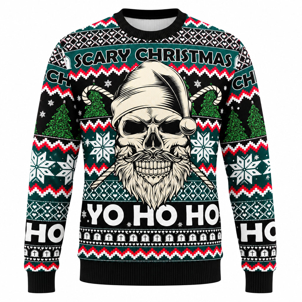 GrungeFest Christmas sweater with skull face and festive pixel pattern, dark base.