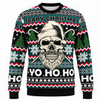 GrungeFest Christmas sweater with skull face and festive pixel pattern, dark base.