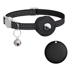 Black pet tracker collar with cat-face tracker pouch and bell charm, plus spare black pod