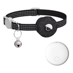 Smart pet tracker collar for cats and dogs, black strap with round tracker and spare tag