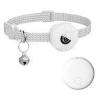 White pet tracker collar with cat-face tracker pouch and bell charm, plus spare white pod