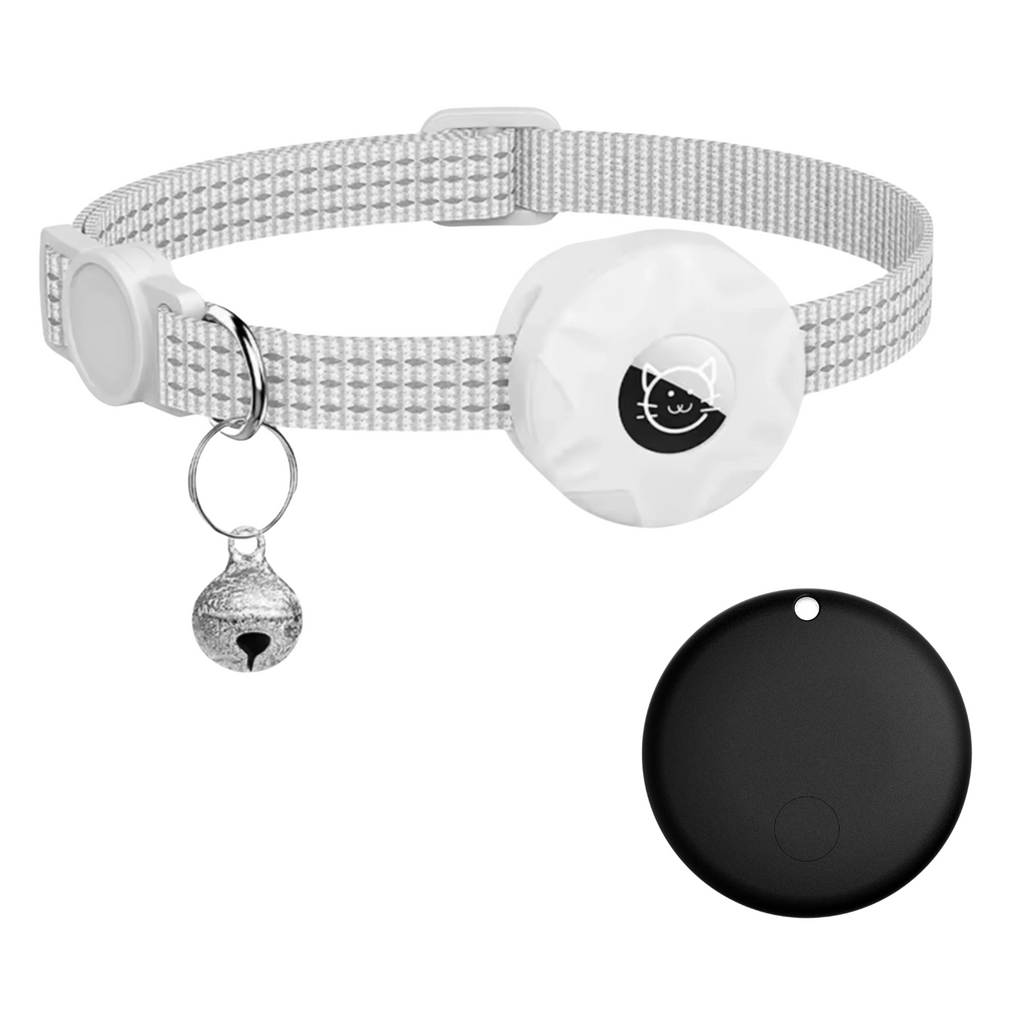 White pet tracker collar with cat-face tracker pouch and bell charm, plus spare black pod