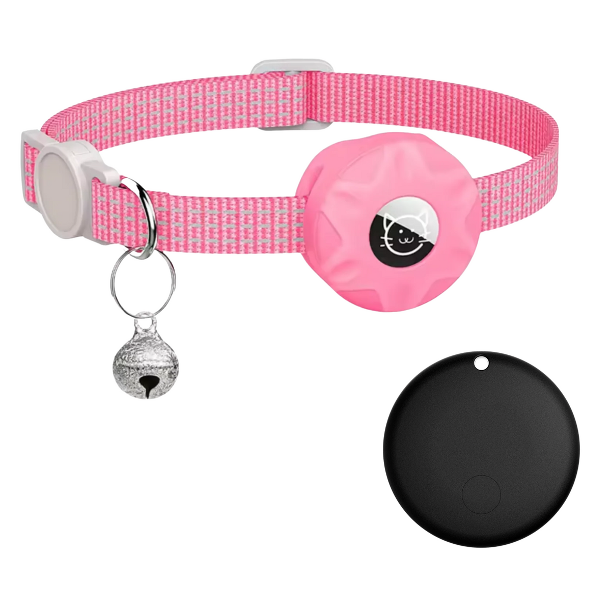 Pink pet tracker collar with cat-face tracker pouch and bell charm, plus spare black pod