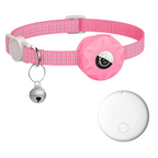 Pink pet tracker collar with cat-face tracker pouch and bell charm, plus spare white pod