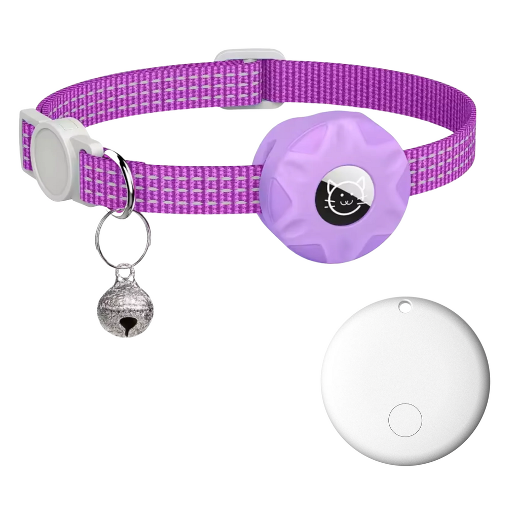 Purple pet tracker collar with cat-face tracker pouch and bell charm, plus spare white pod