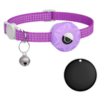 Smart pet tracker collar for cats and dogs, purple strap with round tracker and bell charm