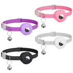 Colorful pet tracker collars set: pink, purple, black options with bell charm and tracker pods