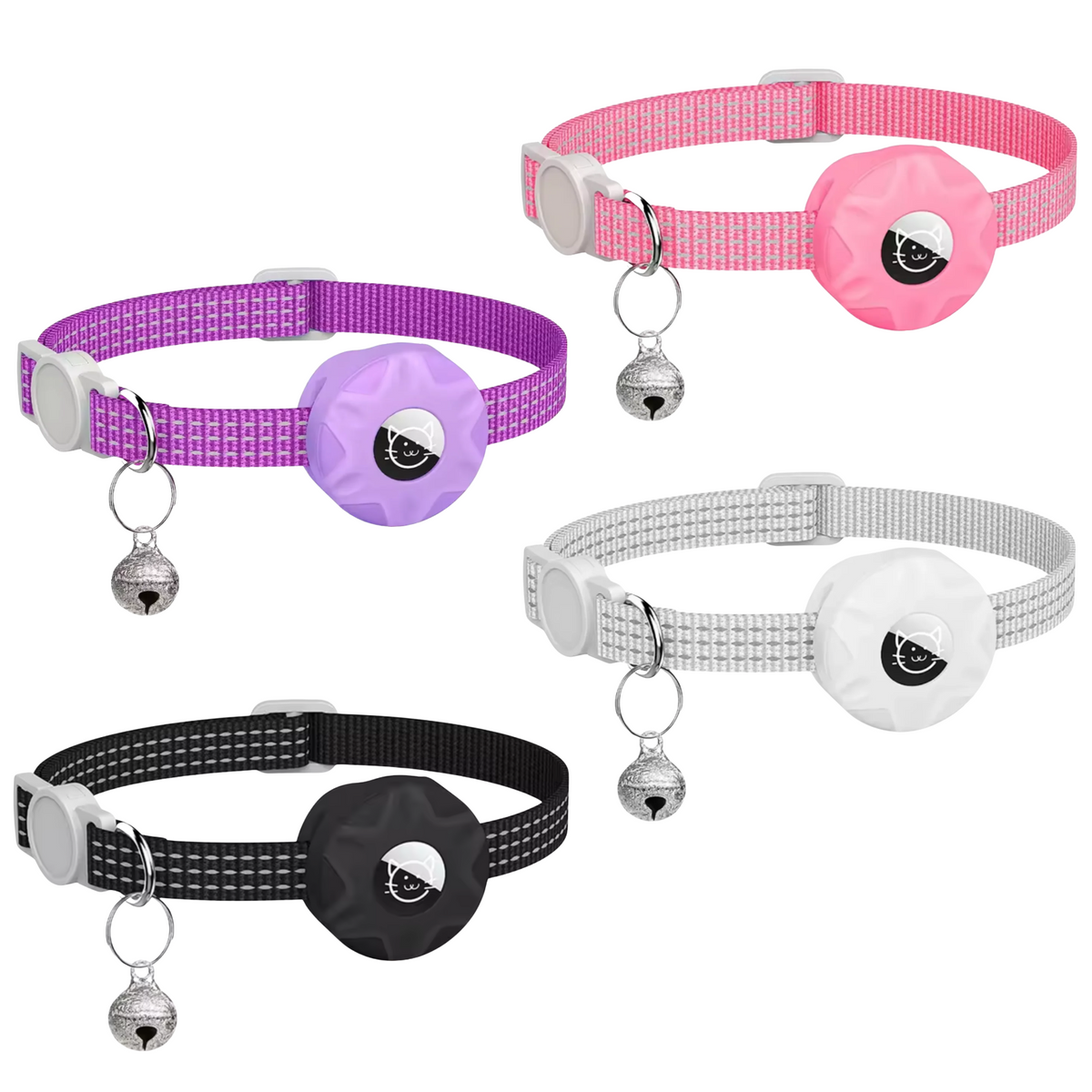 Colorful pet tracker collars set: pink, purple, black options with bell charm and tracker pods