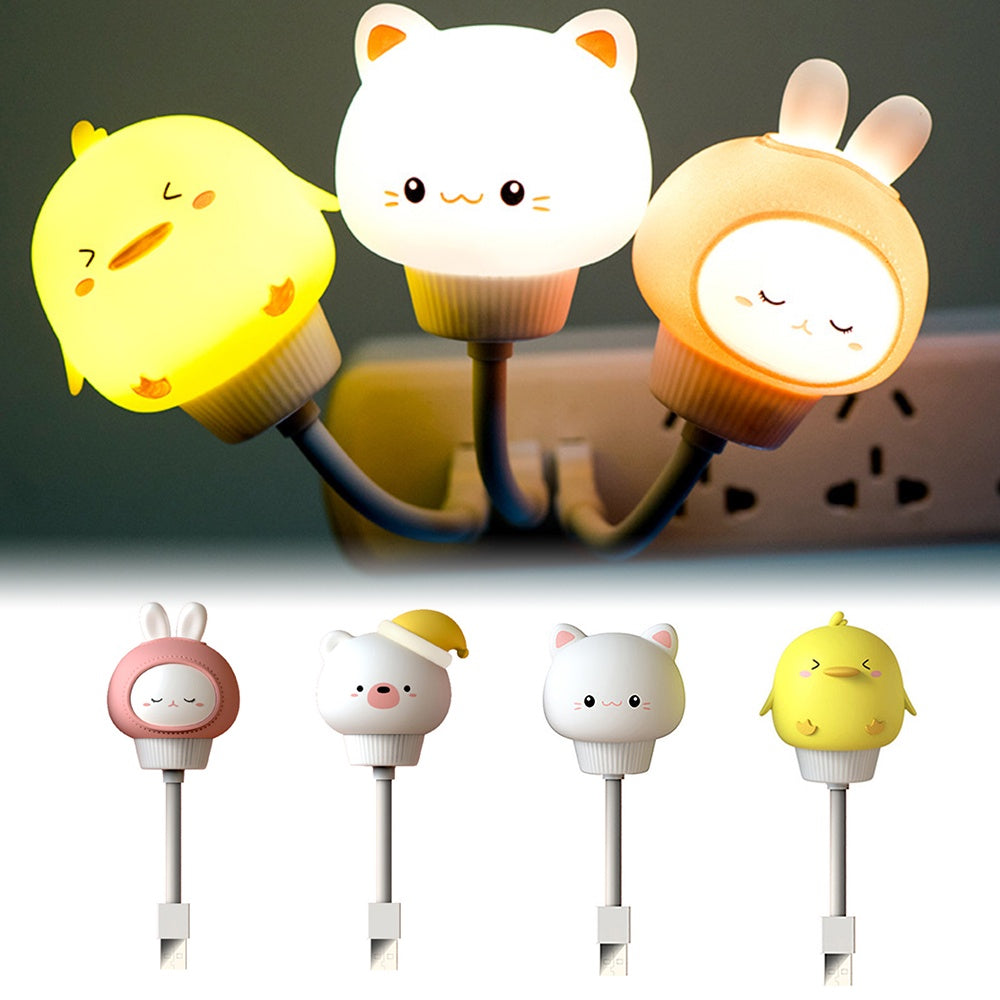 Silicone animal night lights with four cute cup designs on charging cables