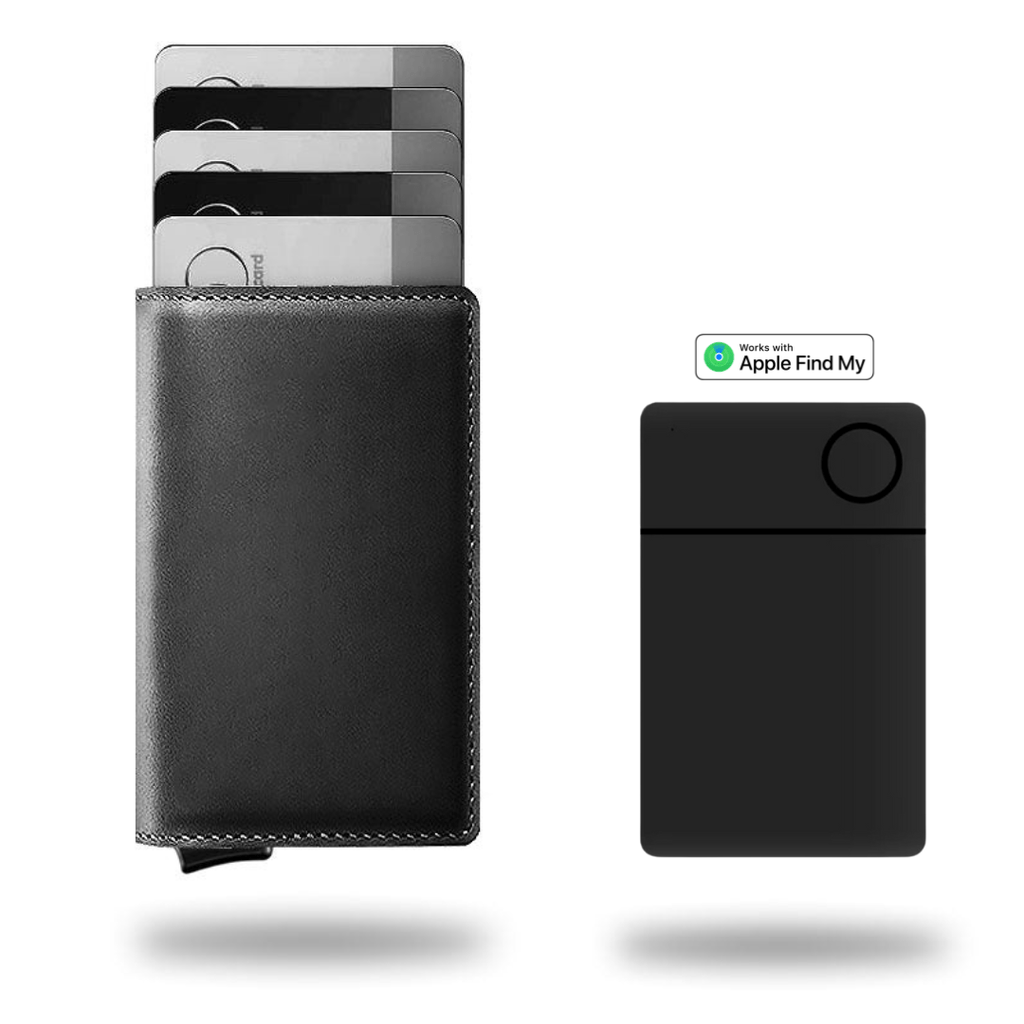 Black slim leather wallet with Apple Find My card insert icon