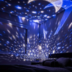 Starry sky projector light with blue star pattern on ceiling and walls