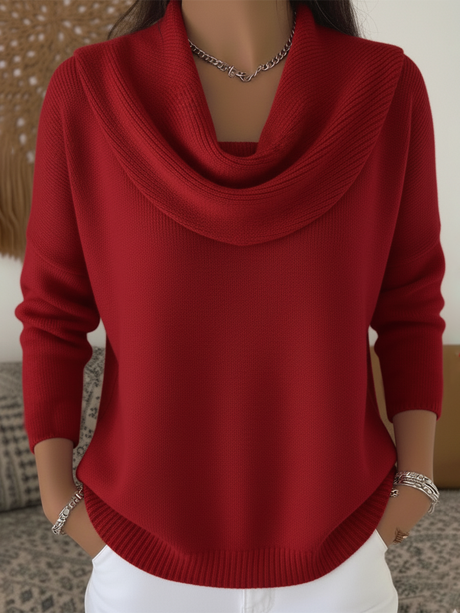 Red long-sleeve cowl-neck sweater with draped cowl collar