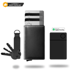 Black slim wallet with pop-up card holder and keychain accessory, Apple Find My card icon