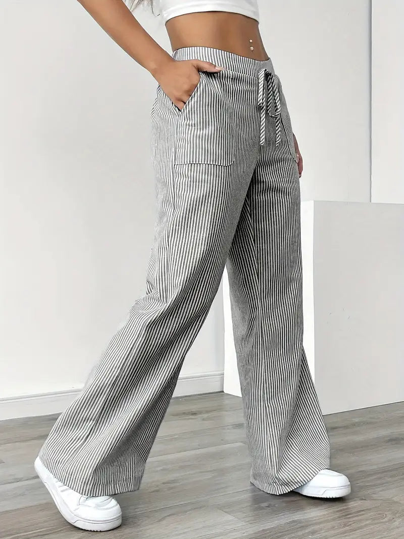 Isola | Wide Leg Trousers for Women - Striped Flared Drawstring Boho Beach Summer Fit-Women's Pants-Yellow-S-Camoufit