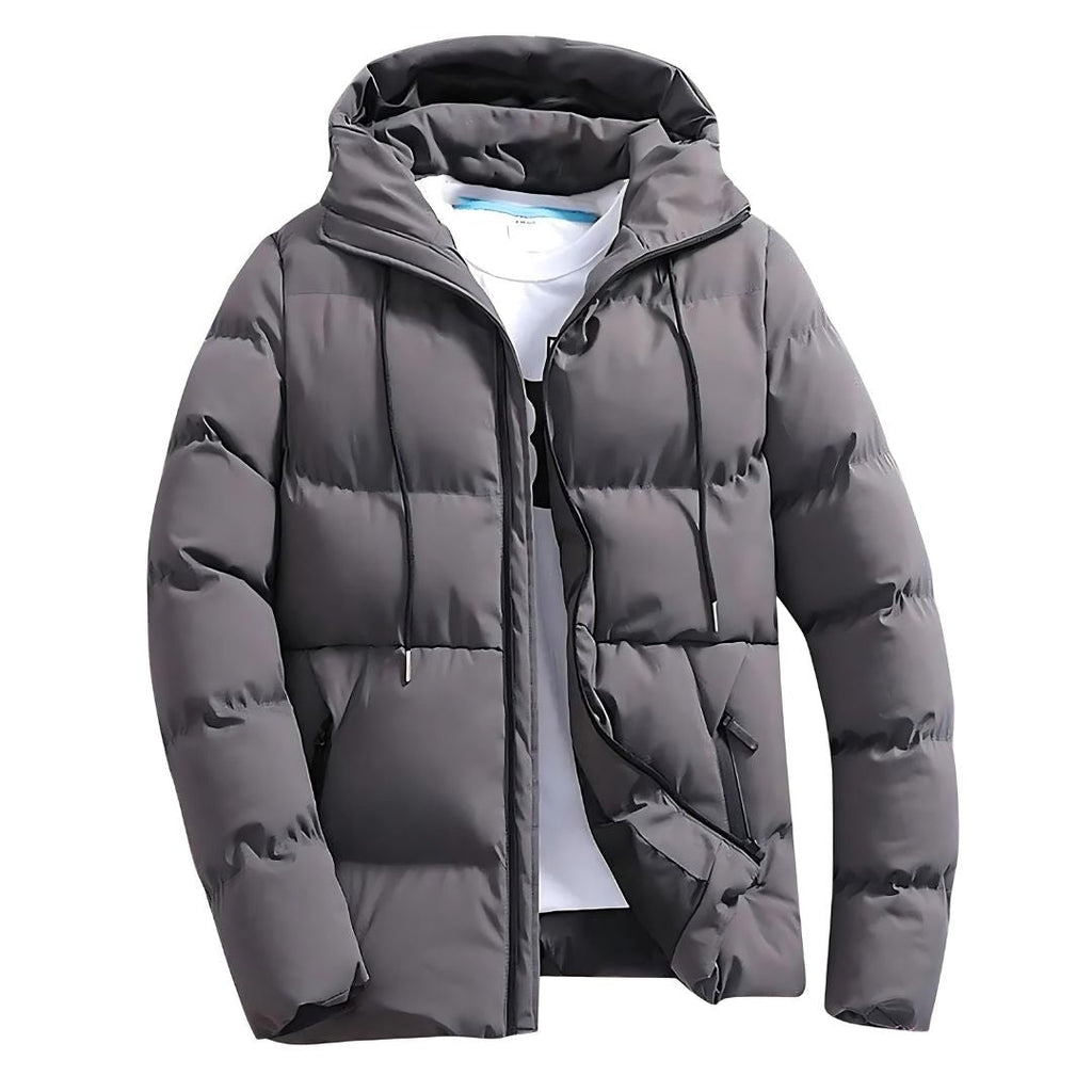 Men's gray puffer winter parka with adjustable hood, full zip front, insulated lining