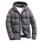 Men's gray puffer winter parka with adjustable hood, full zip front, insulated lining