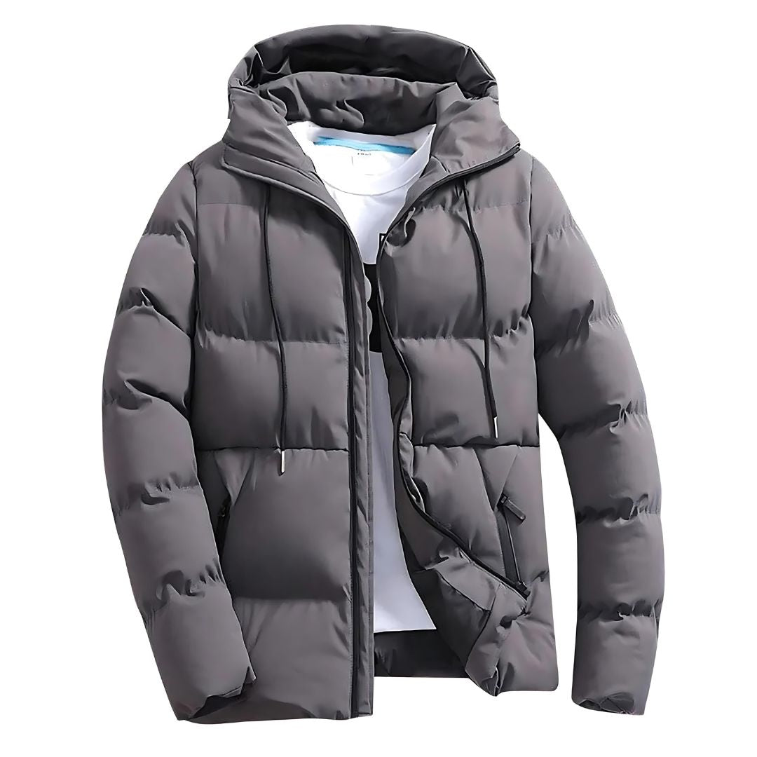 Men's gray puffer winter parka with adjustable hood, full zip front, insulated lining