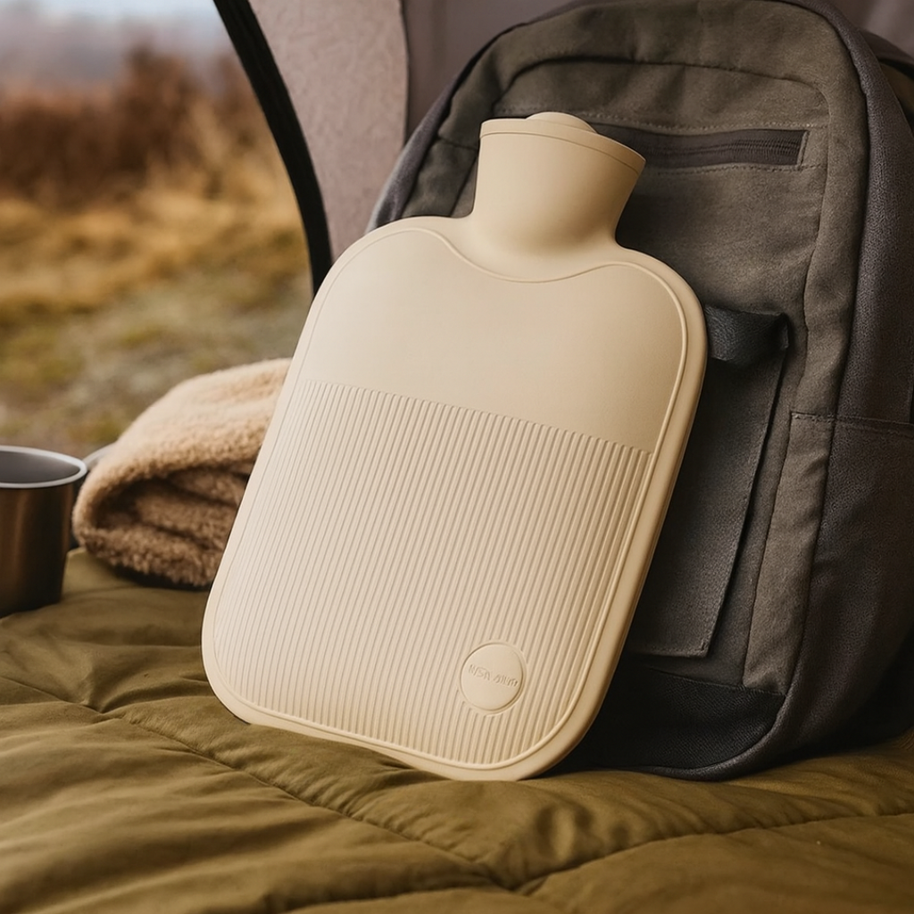 Large hot water bottle with ribbed soft cover, beige, round embossed badge