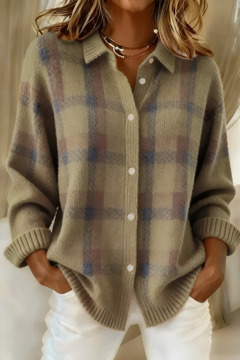 Zahara | Women's Relaxed Plaid Cardigan Sweater - Loose Fit V-Neck Button-Down Tartan Knit Jacket with Pockets for Fall & Winter