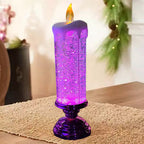 Purple glitter candle-style LED Christmas light with flame top and purple base