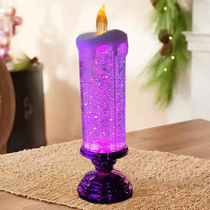 Purple glitter candle-style LED Christmas light with flame top and purple base