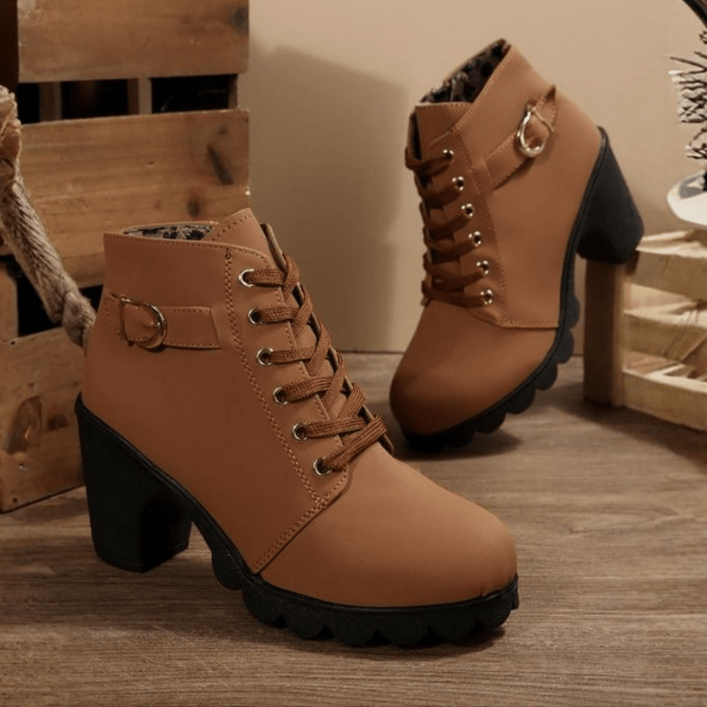 Mechi | Boots For Women | Lace Up Ankle Block Heel Brown