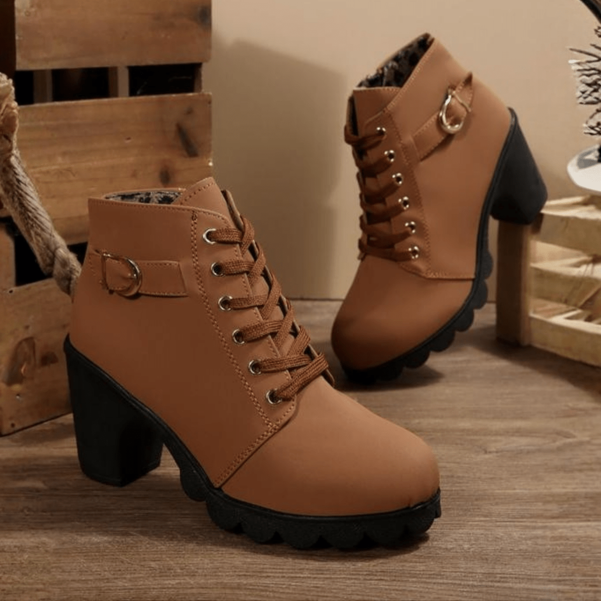 Mechi | Boots For Women | Lace Up Ankle Block Heel Brown