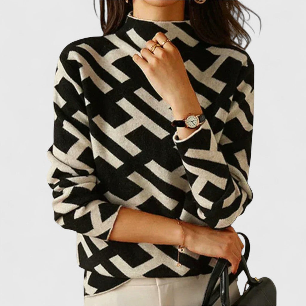 Sephira | Women's Geometric Knit Sweater - Long Sleeve Modern Pattern Pullover
