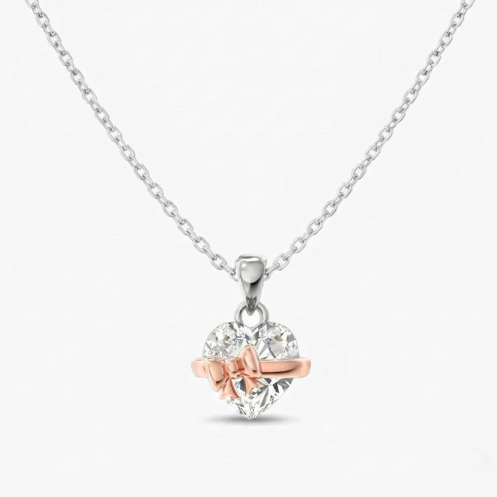 Yavina | Heart Necklace for Women - Gold Bow Sparkling Stone Delicate Elegant Fit-Necklaces-Silver - Rose Gold-Camoufit