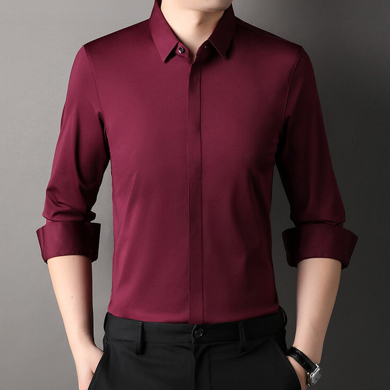 Vireon | Long Sleeve Shirt for Men - Johnny Collar Button Front Rolled Cuff Cotton Regular Fit-Men's Shirt-Burgundy-S-Camoufit