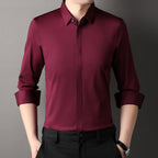Vireon | Long Sleeve Shirt for Men - Johnny Collar Button Front Rolled Cuff Cotton Regular Fit-Men's Shirt-Burgundy-S-Camoufit