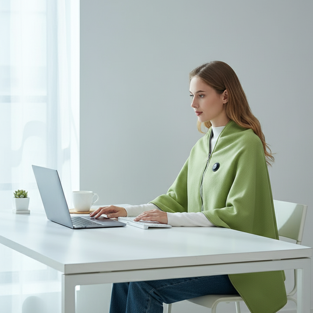 Green USB heated blanket cape with front zipper, round button patch, and tassels