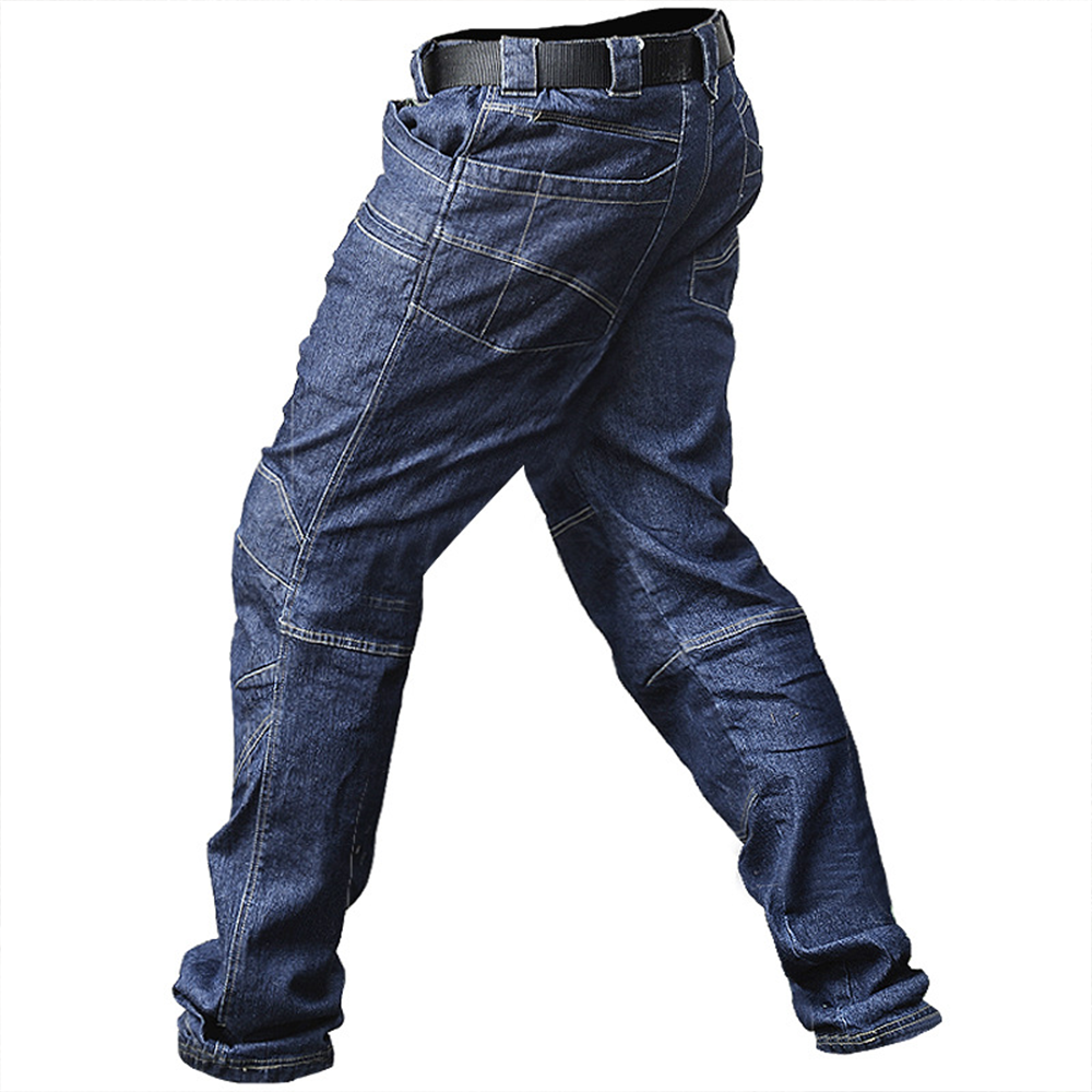 Norenzo | Tactical Jeans for Men - Cotton Blend Stretch 9 Pocket Straight Denim All Season Fit-Tactical Pants-Blue-28W/30L-Camoufit