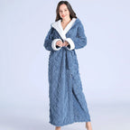 Women's hooded flannel robe, blue, hooded belted wrap with long sleeves