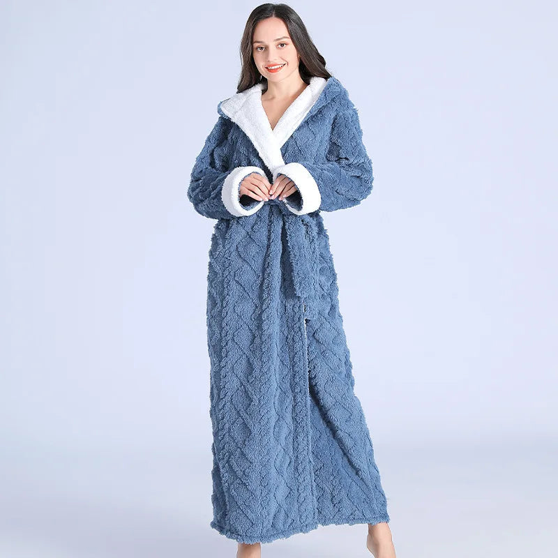 Women's hooded flannel robe, blue, hooded belted wrap with long sleeves